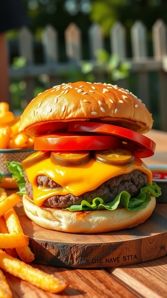 A classic beef burger topped with lettuce, tomato, and cheese on a wooden board with fries and ketchup.